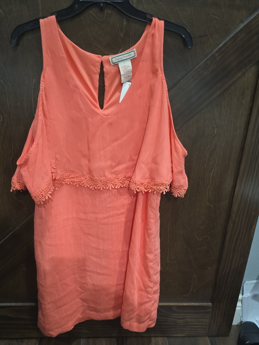 Flying Tomatoe  Coral Cold-Shoulder Lace-Trim Mini Dress